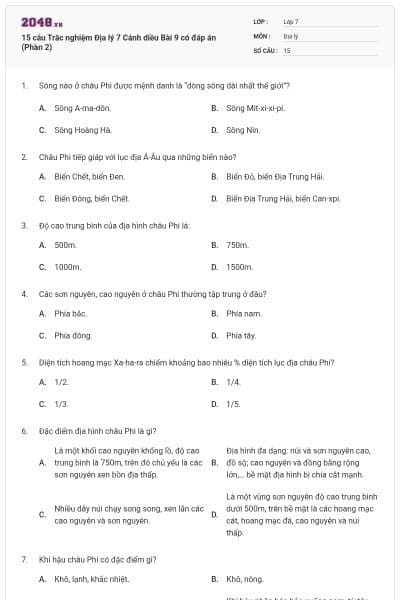 15 câu Trắc nghiệm Địa lý 7 Cánh diều Bài 9 có đáp án (Phần 2)