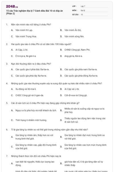 15 câu Trắc nghiệm Địa lý 7 Cánh diều Bài 10 có đáp án (Phần 2)