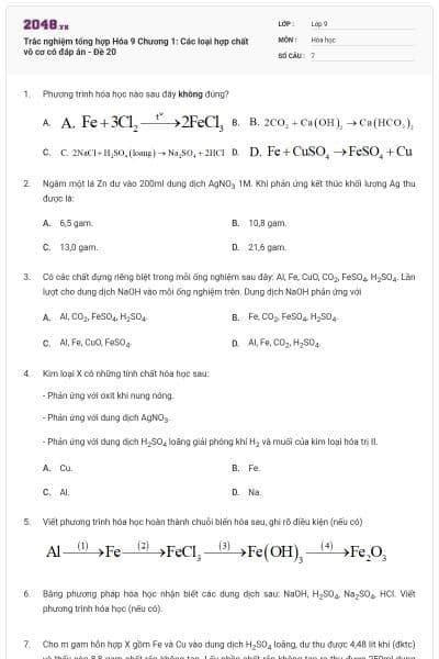 Trắc nghiệm tổng hợp Hóa 9 Chương 1: Các loại hợp chất vô cơ có đáp án - Đề 20