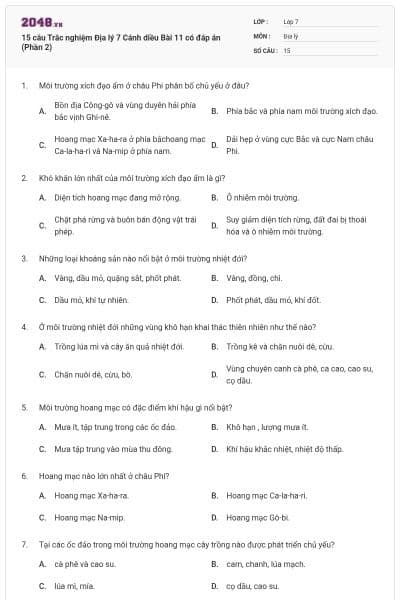 15 câu Trắc nghiệm Địa lý 7 Cánh diều Bài 11 có đáp án (Phần 2)