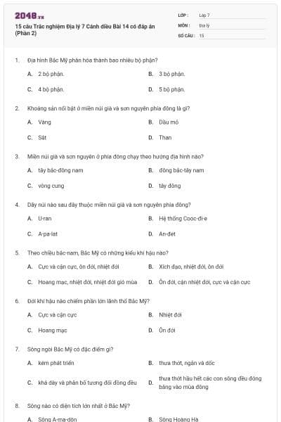 15 câu Trắc nghiệm Địa lý 7 Cánh diều Bài 14 có đáp án (Phần 2)