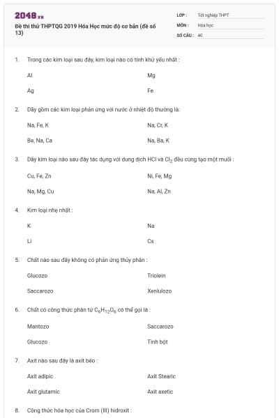 Đề thi thử THPTQG 2019 Hóa Học mức độ cơ bản (đề số 13)