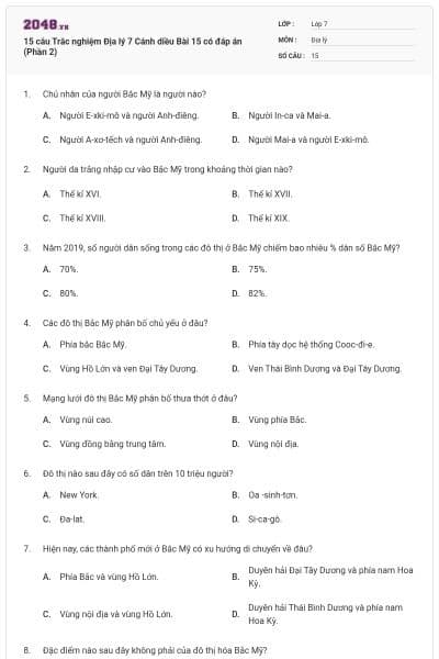 15 câu Trắc nghiệm Địa lý 7 Cánh diều Bài 15 có đáp án (Phần 2)