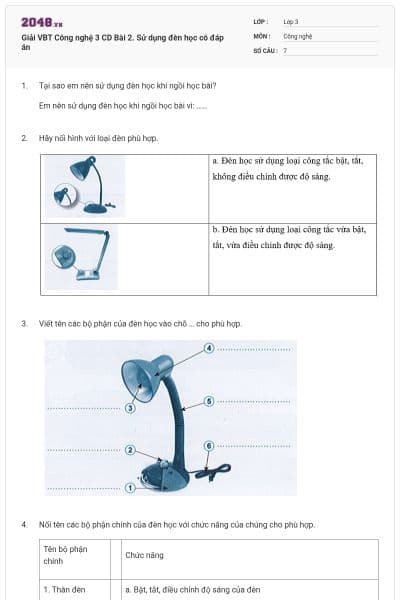 Giải VBT Công nghệ 3 CD Bài 2. Sử dụng đèn học có đáp án