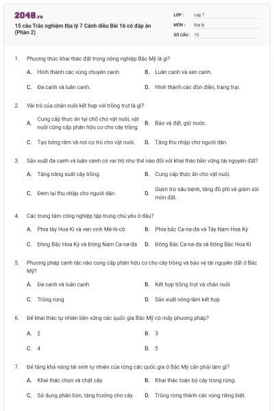 15 câu Trắc nghiệm Địa lý 7 Cánh diều Bài 16 có đáp án (Phần 2)