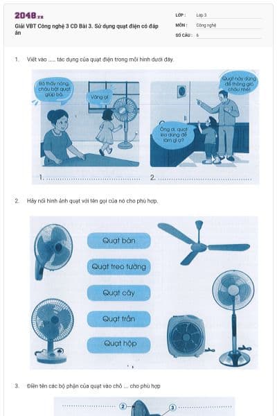 Giải VBT Công nghệ 3 CD Bài 3. Sử dụng quạt điện có đáp án