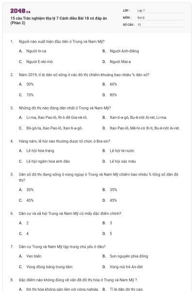 15 câu Trắc nghiệm Địa lý 7 Cánh diều Bài 18 có đáp án (Phần 2)