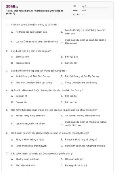 15 câu Trắc nghiệm Địa lý 7 Cánh diều Bài 20 có đáp án (Phần 2)