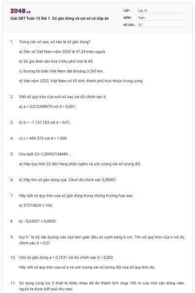 Giải SBT Toán 10 Bài 1. Số gần đúng và sai số có đáp án