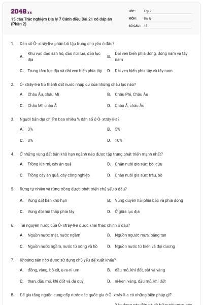 15 câu Trắc nghiệm Địa lý 7 Cánh diều Bài 21 có đáp án (Phần 2)