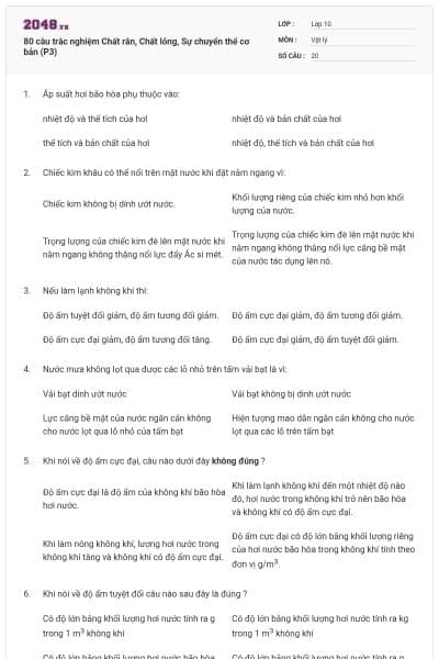 80 câu trắc nghiệm Chất rắn, Chất lỏng, Sự chuyển thể cơ bản (P3)