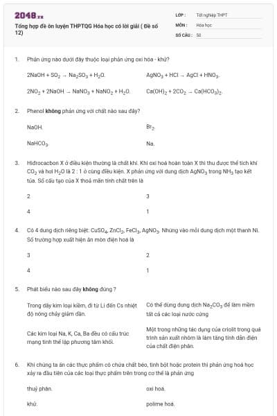 Tổng hợp đề ôn luyện THPTQG Hóa học có lời giải ( Đề số 12)