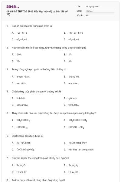 Đề thi thử THPTQG 2019 Hóa Học mức độ cơ bản (đề số 12)