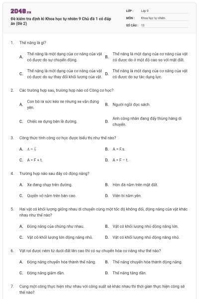 Đề kiểm tra định kì Khoa học tự nhiên 9 Chủ đề 1 có đáp án (Đề 2)