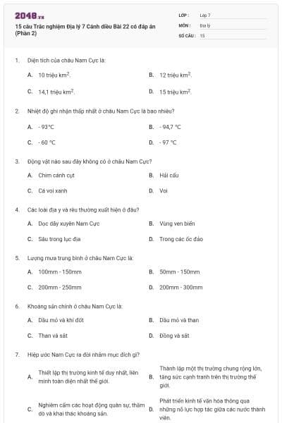 15 câu Trắc nghiệm Địa lý 7 Cánh diều Bài 22 có đáp án (Phần 2)