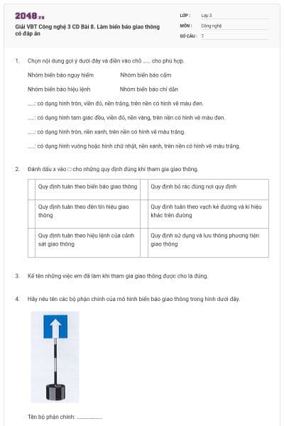 Giải VBT Công nghệ 3 CD Bài 8. Làm biển báo giao thông có đáp án