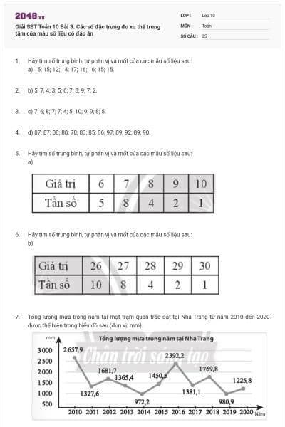 Giải SBT Toán 10 Bài 3. Các số đặc trưng đo xu thế trung tâm của mẫu số liệu có đáp án