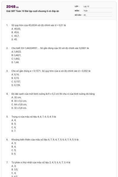 Giải SBT Toán 10 Bài tập cuối chương 6 có đáp án