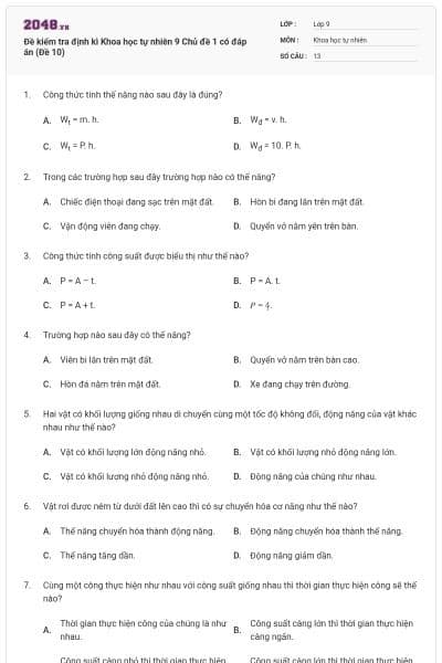 Đề kiểm tra định kì Khoa học tự nhiên 9 Chủ đề 1 có đáp án (Đề 10)