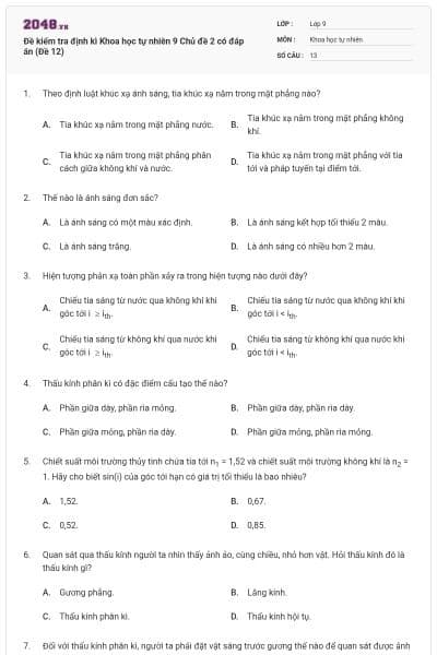 Đề kiểm tra định kì Khoa học tự nhiên 9 Chủ đề 2 có đáp án (Đề 12)