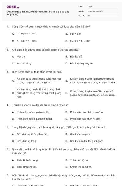 Đề kiểm tra định kì Khoa học tự nhiên 9 Chủ đề 2 có đáp án (Đề 13)