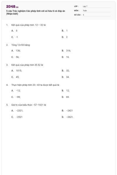 5 câu Trắc nghiệm Các phép tính với số hữu tỉ có đáp án (Nhận biết)