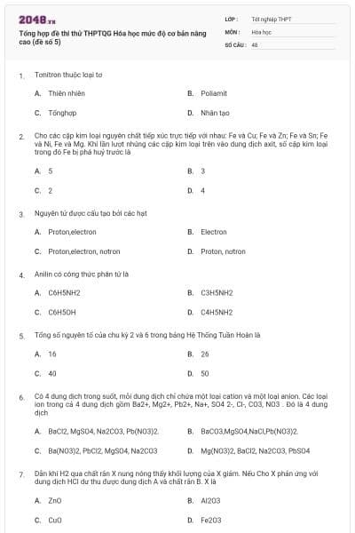 Tổng hợp đề thi thử THPTQG Hóa học mức độ cơ bản nâng cao (đề số 5)