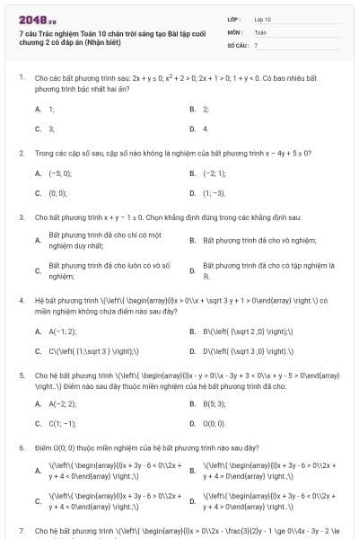 7 câu  Trắc nghiệm Toán 10 chân trời sáng tạo Bài tập cuối chương 2 có đáp án (Nhận biết)