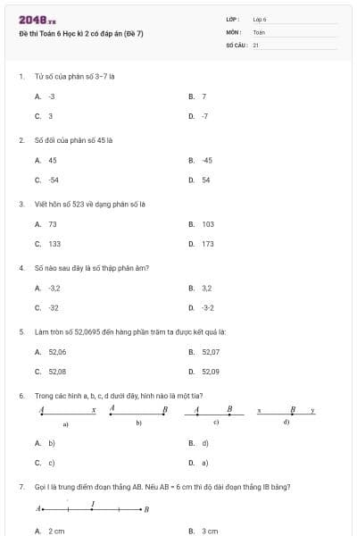Đề thi Toán 6 Học kì 2 có đáp án (Đề 7)