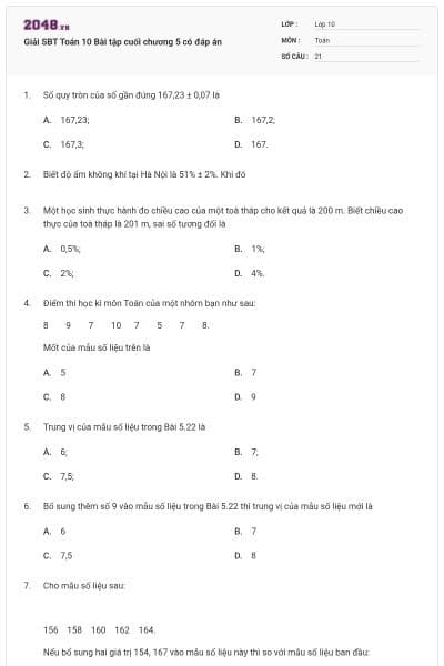 Giải SBT Toán 10 Bài tập cuối chương 5 có đáp án