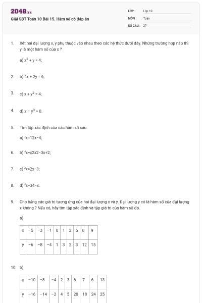 Giải SBT Toán 10 Bài 15. Hàm số có đáp án