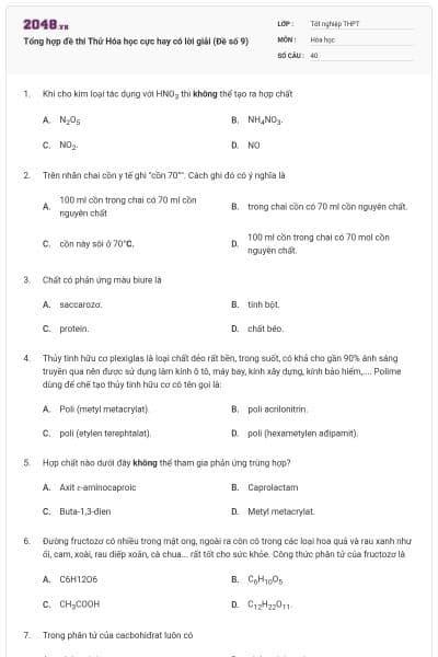 Tổng hợp đề thi Thử Hóa học cực hay có lời giải (Đề số 9)