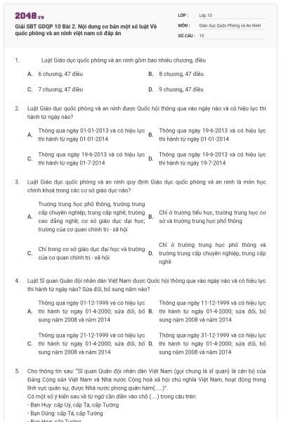 Giải SBT GDQP 10 Bài 2. Nội dung cơ bản một số luật Về quốc phòng và an ninh việt nam có đáp án