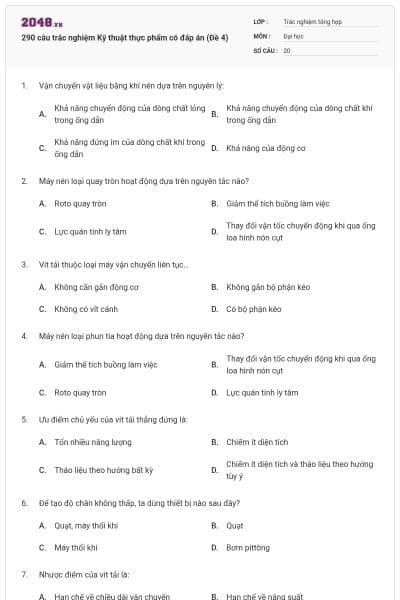 290 câu trắc nghiệm Kỹ thuật thực phẩm có đáp án (Đề 4)