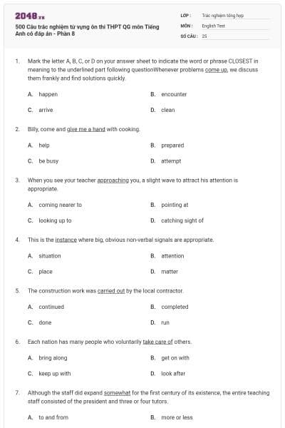 500 Câu trắc nghiệm từ vựng ôn thi THPT QG môn Tiếng Anh có đáp án - Phần 8