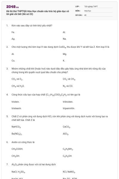 Đề thi thử THPTQG Hóa Học chuẩn cấu trúc bộ giáo dục có lời giải chi tiết (Đề số 23)