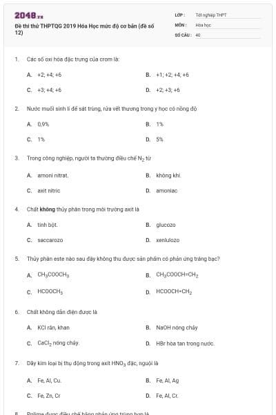 Đề thi thử THPTQG 2019 Hóa Học mức độ cơ bản (đề số 12)