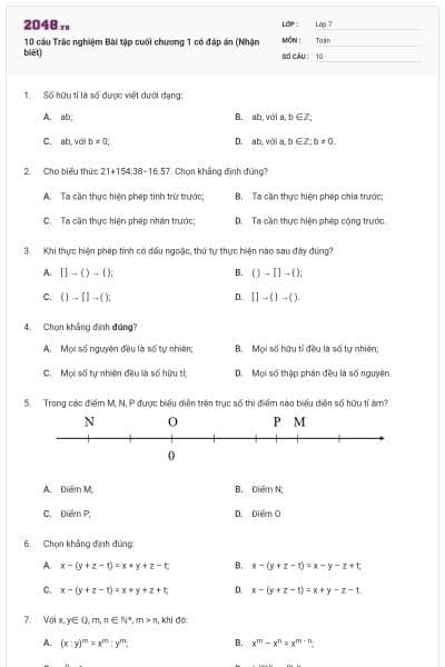 10 câu Trắc nghiệm Bài tập cuối chương 1 có đáp án (Nhận biết)