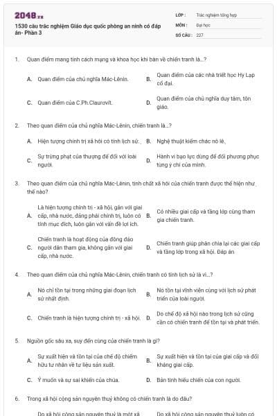 1530 câu trắc nghiệm Giáo dục quốc phòng an ninh có đáp án- Phần 3