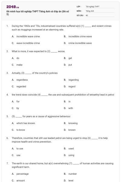 Đề minh họa tốt nghiệp THPT Tiếng Anh có đáp án (Đề số 5)