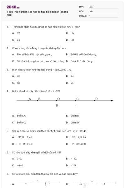 7 câu Trắc nghiệm Tập hợp số hữu tỉ có đáp án (Thông hiểu)