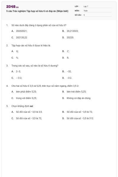5 câu Trắc nghiệm Tập hợp số hữu tỉ có đáp án (Nhận biết)