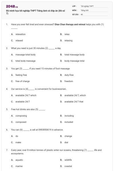 Đề minh họa tốt nghiệp THPT Tiếng Anh có đáp án (Đề số 7)