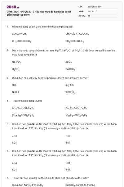 Đề thi thử THPTQG 2019 Hóa Học mức độ nâng cao có lời giải chi tiết (Đề số 9)