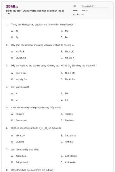 Đề thi thử THPTQG 2019 Hóa Học mức độ cơ bản (đề số 13)