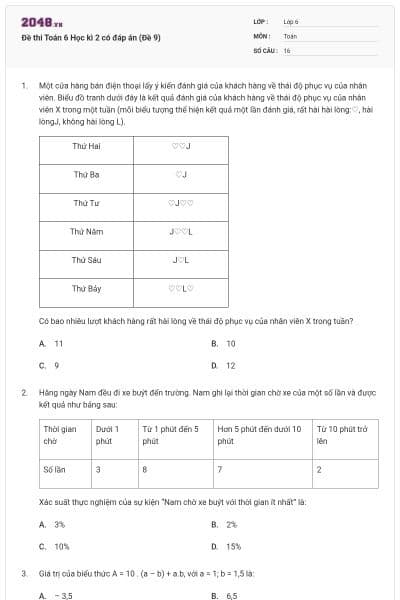 Đề thi Toán 6 Học kì 2 có đáp án (Đề 9)