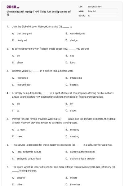 Đề minh họa tốt nghiệp THPT Tiếng Anh có đáp án (Đề số 9)