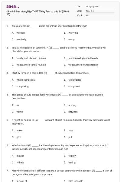 Đề minh họa tốt nghiệp THPT Tiếng Anh có đáp án (Đề số 10)