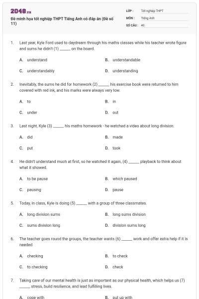 Đề minh họa tốt nghiệp THPT Tiếng Anh có đáp án (Đề số 11)