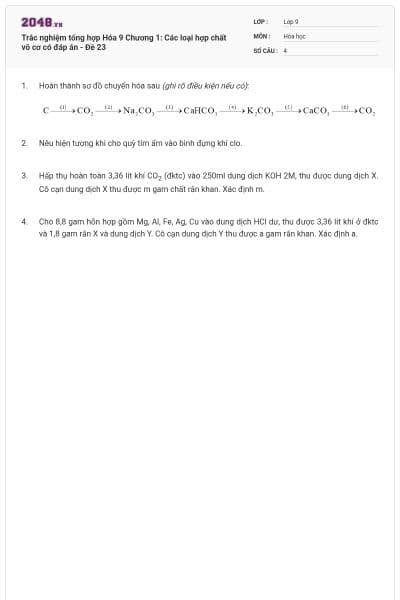 Trắc nghiệm tổng hợp Hóa 9 Chương 1: Các loại hợp chất vô cơ có đáp án - Đề 23